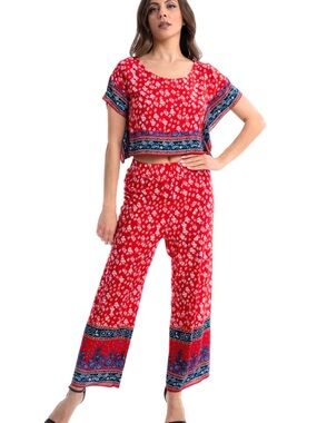 Red Floral Boho Crop Top & Wide-Leg Pants Set